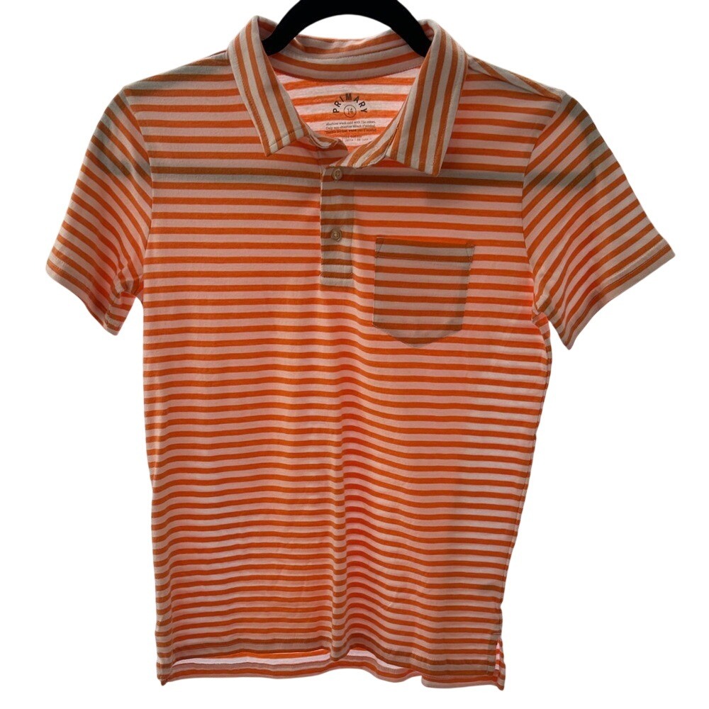 Primary Kids Orange White Stripe‎ Polo Shirt Size 14 Short Sleeve Pocket